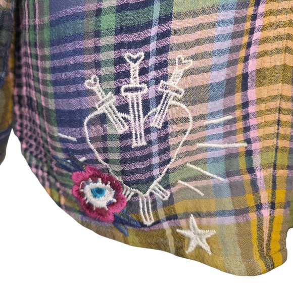 Johnny Was Workshop Plaid Embroidered Button Down Shirt Boho Floral Stars Sz S - Picture 3 of 13